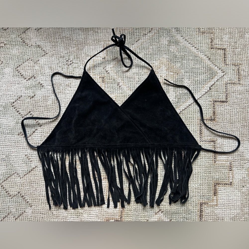 vintage suede leather black passport tie back fringe top amazing conditi…